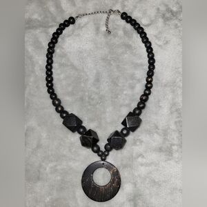 Rustic Black Wood Beaded Statement Necklace Boho Geometric Pendant Goth
